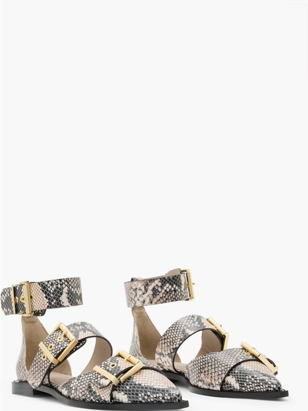 All Saints Snake-Print Buckle Flat Sandals in Neutral Tones